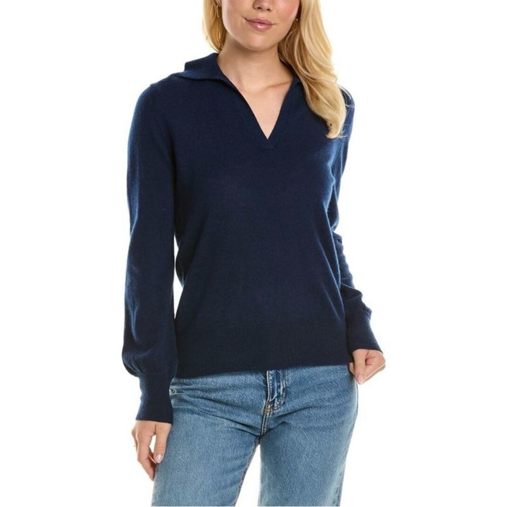Forte Cashmere Split Neck Polo Cashmere Sweater in Blue Size L